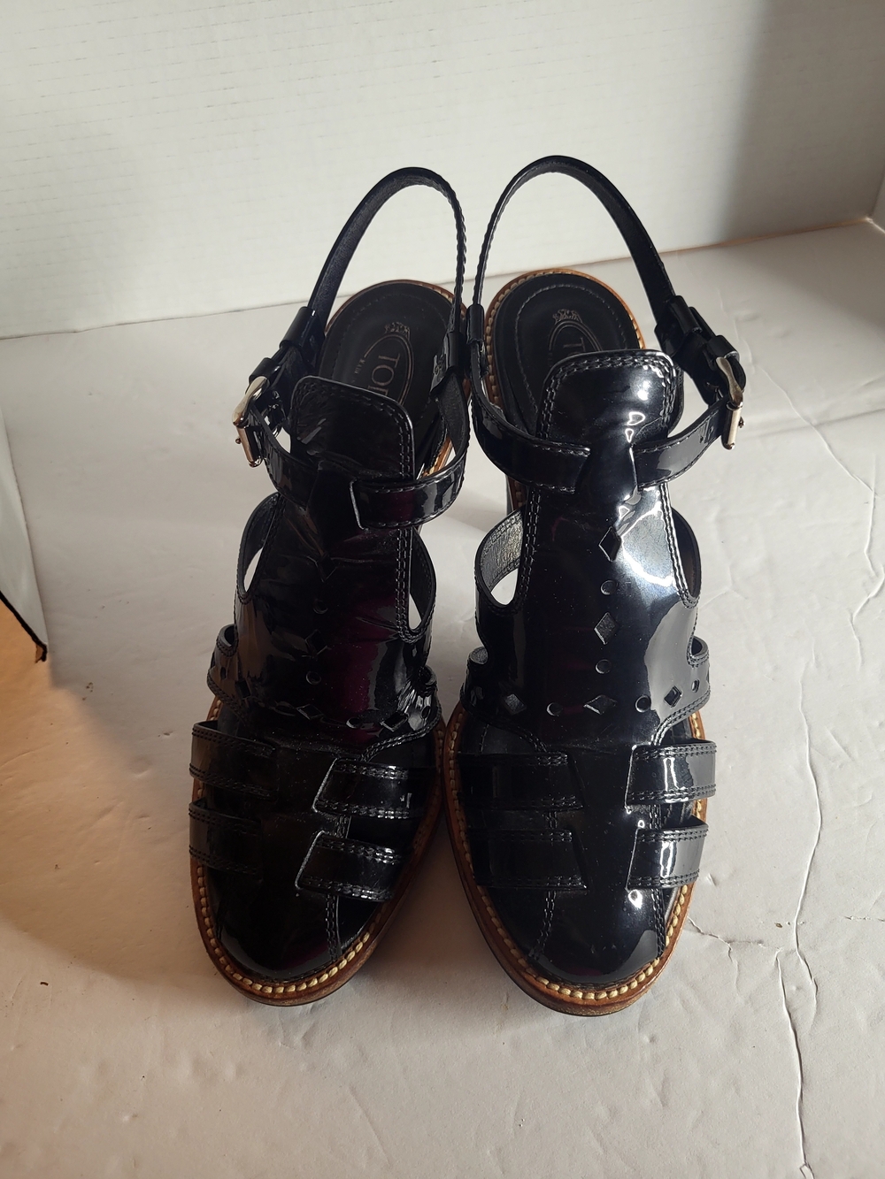 Tod's Black Patent Leather Strappy Buckle Sandals